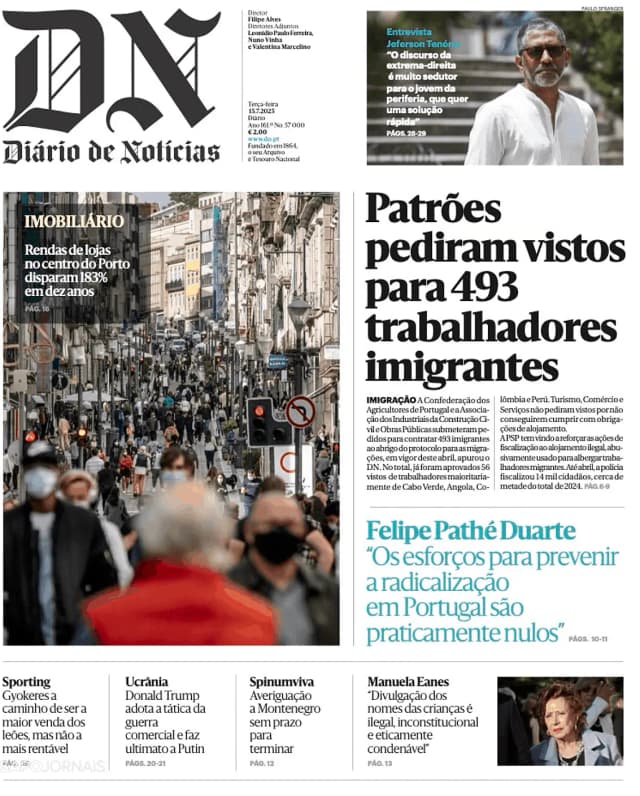 Capa jornal Diário de Notícias 2025-07-15