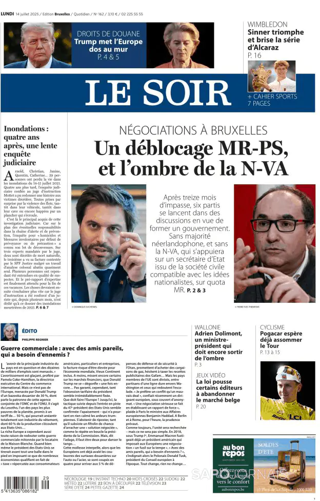 Capa jornal Le Soir 2025-07-14