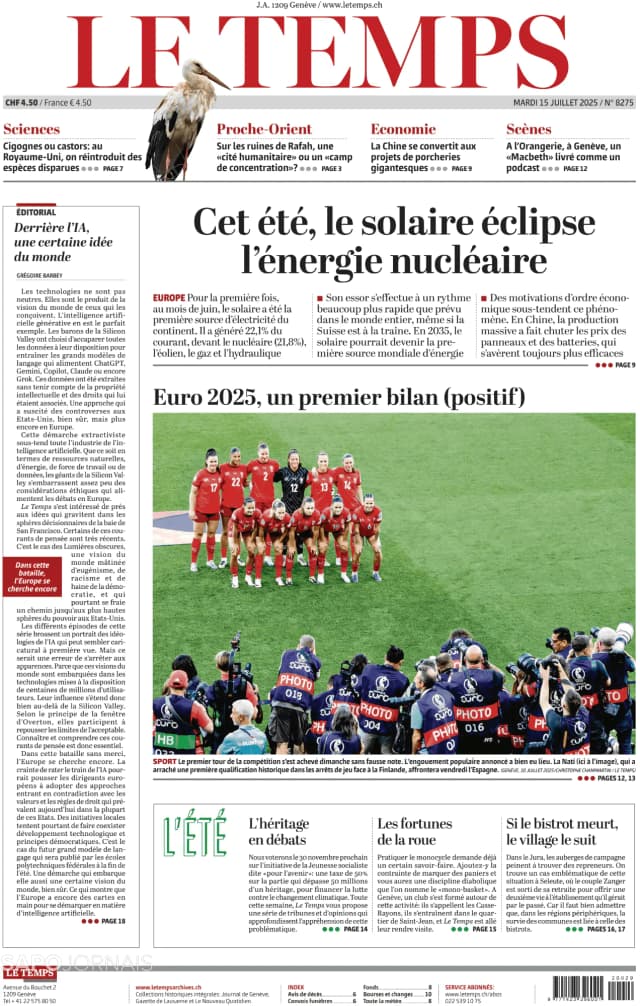 Capa jornal Le Temps 2025-07-15