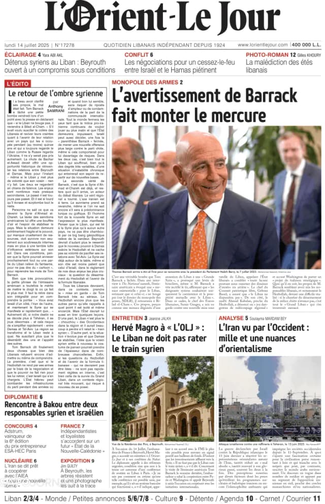Capa jornal L'orient le jour 2025-07-14