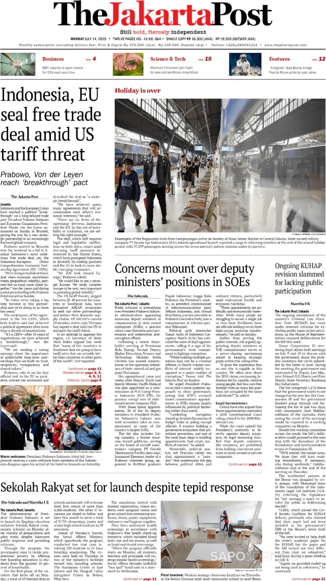 Capa jornal The Jakarta Post 2025-07-14