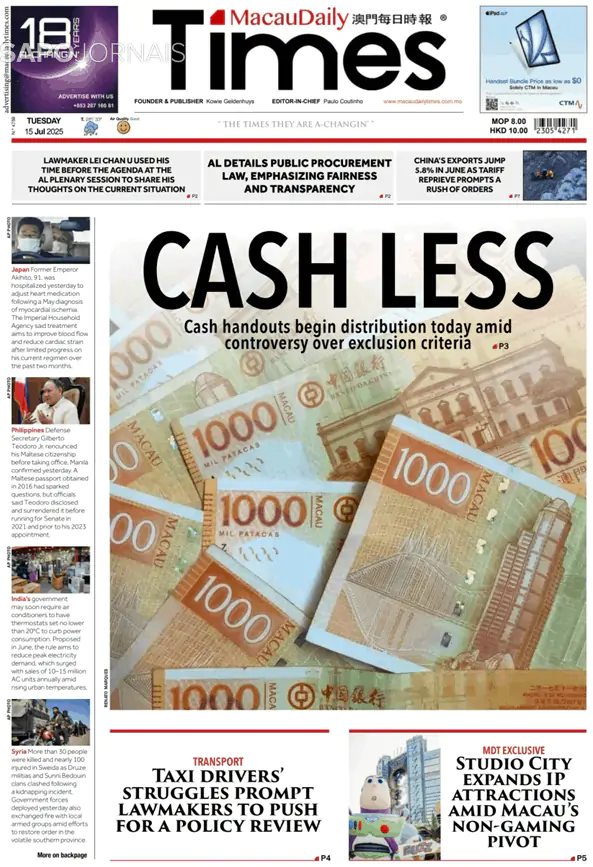 Capa jornal Macau Daily Times 2025-07-15