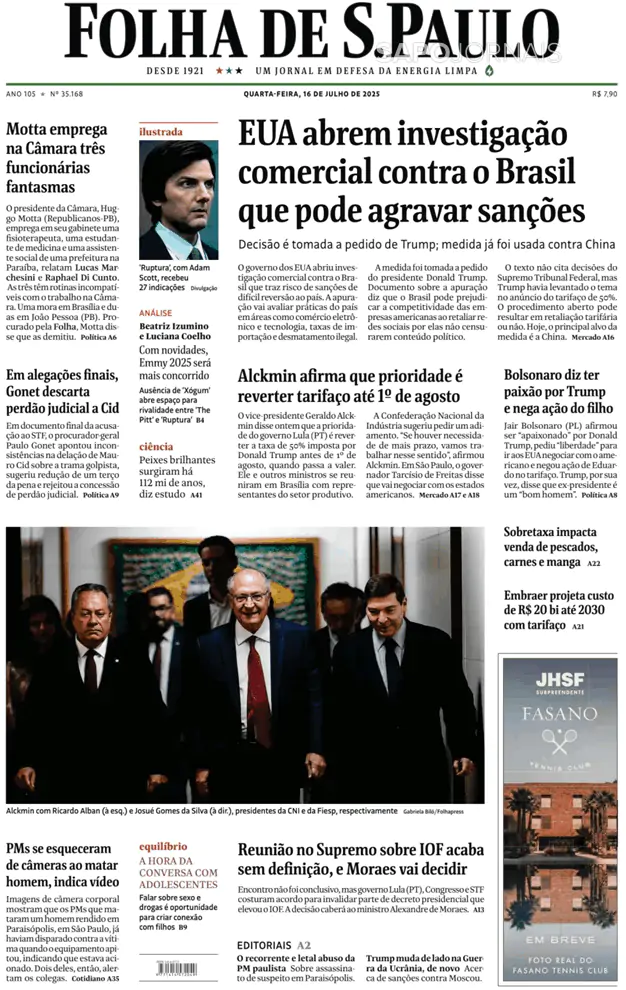 Capa jornal Folha de S. Paulo 2025-07-16