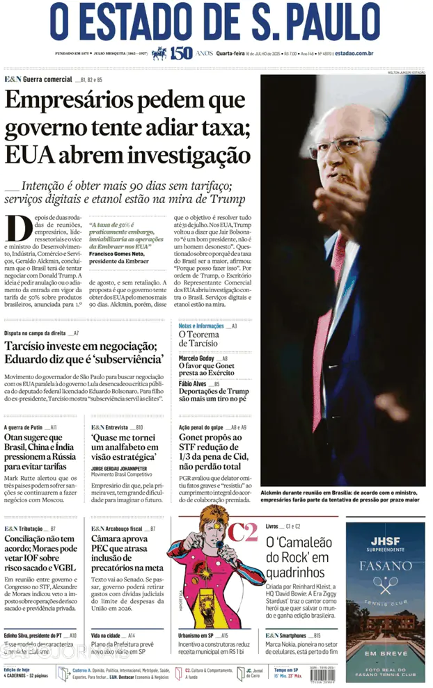 Capa jornal O Estado de S. Paulo 2025-07-16