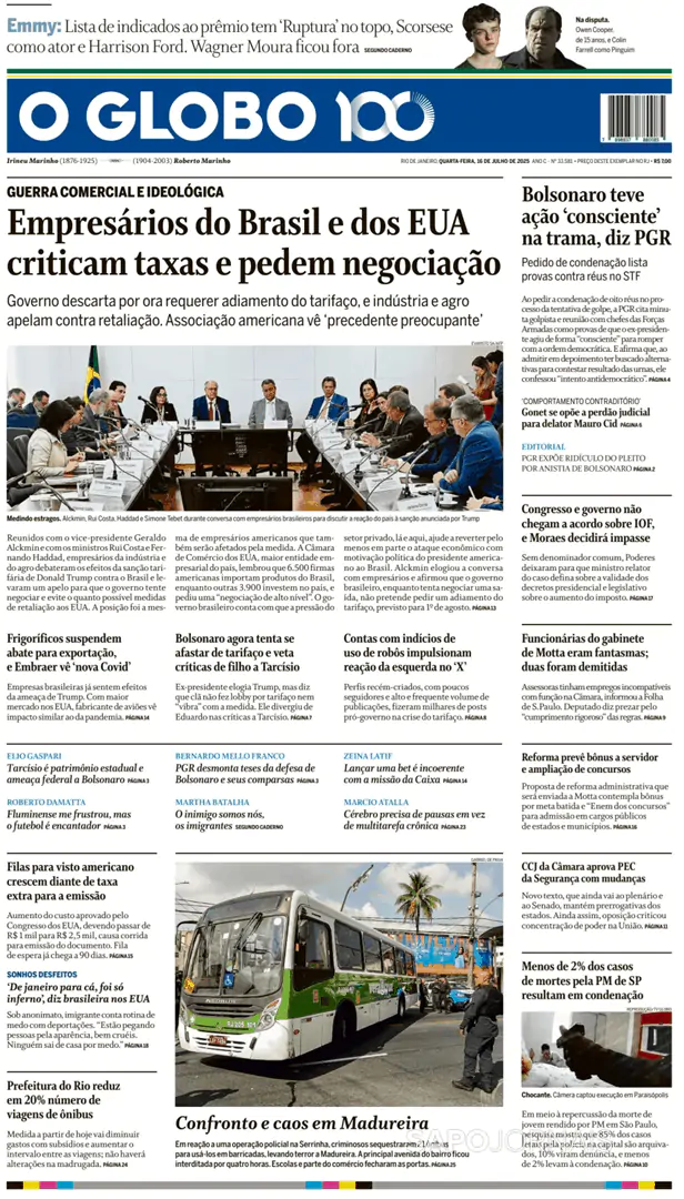 Capa jornal O Globo 2025-07-16