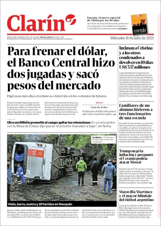 Capa jornal Clarín 2025-07-16
