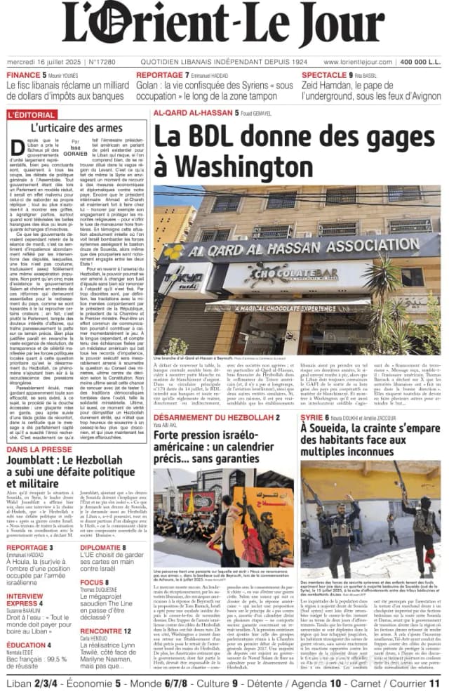 Capa jornal L'orient le jour 2025-07-16