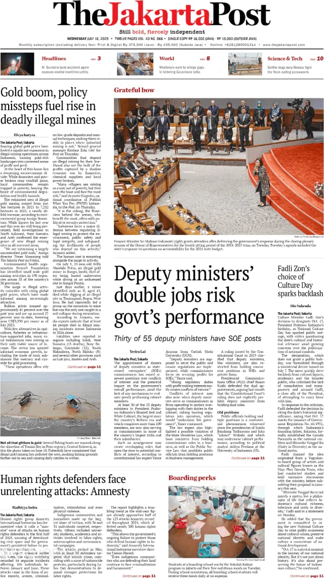 Capa jornal The Jakarta Post 2025-07-16