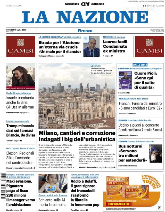 Capa jornal La Nazione 2025-07-17