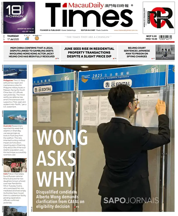 Capa jornal Macau Daily Times 2025-07-17