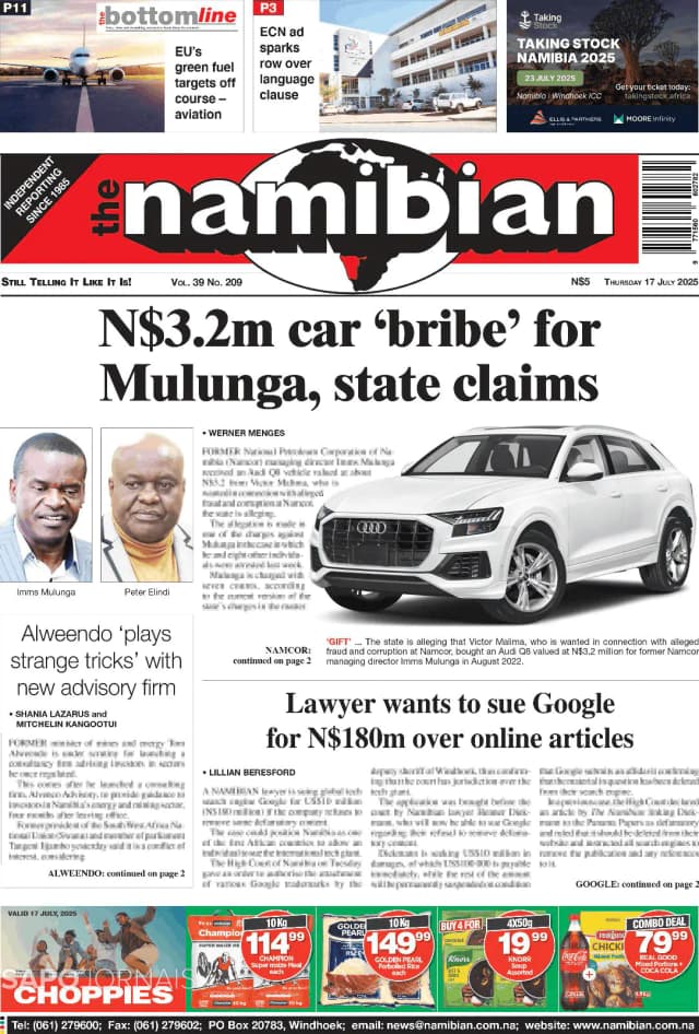Capa jornal The Namibian 2025-07-17
