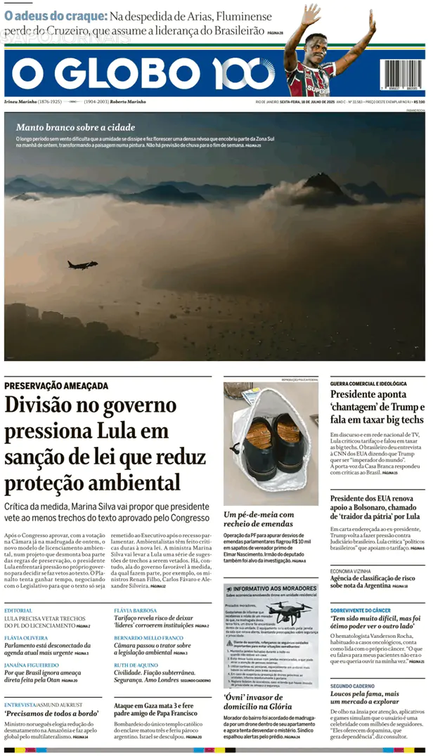 Capa jornal O Globo 2025-07-18