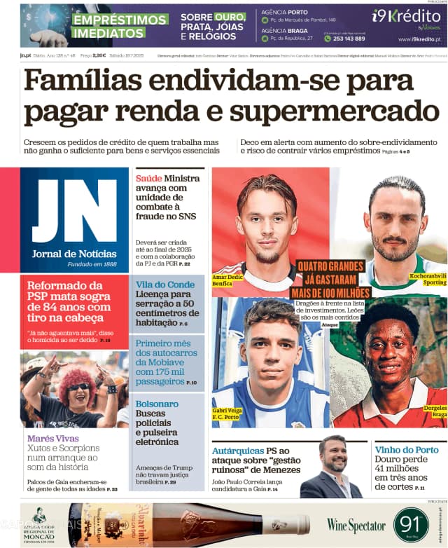 Capa jornal Jornal de Notícias 2025-07-19