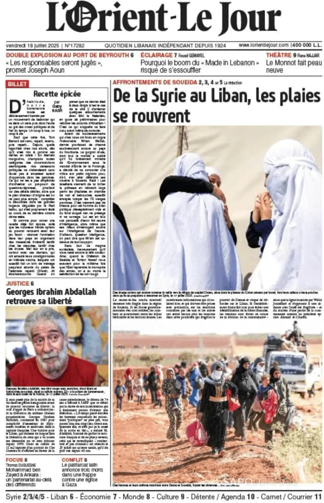 Capa jornal L'orient le jour 2025-07-18