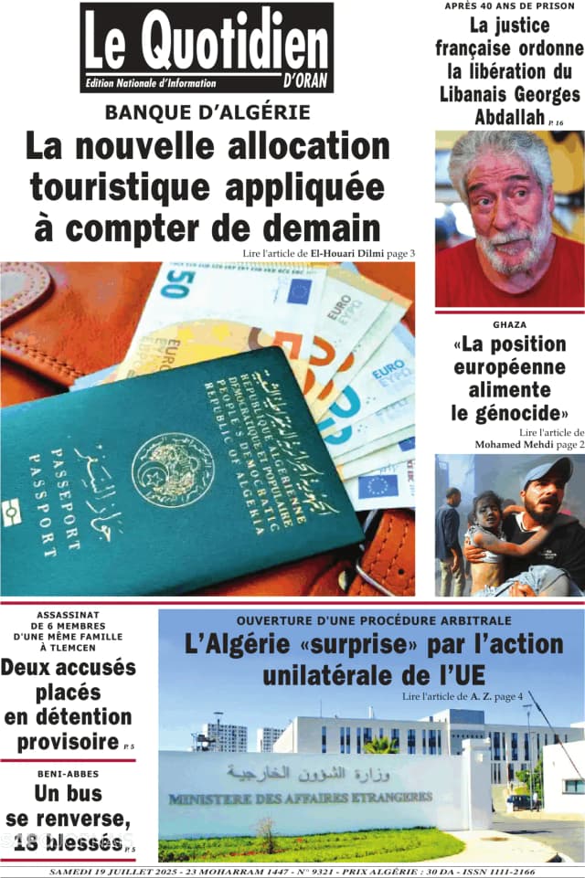 Capa jornal Le Quotidien D’Oran 2025-07-19