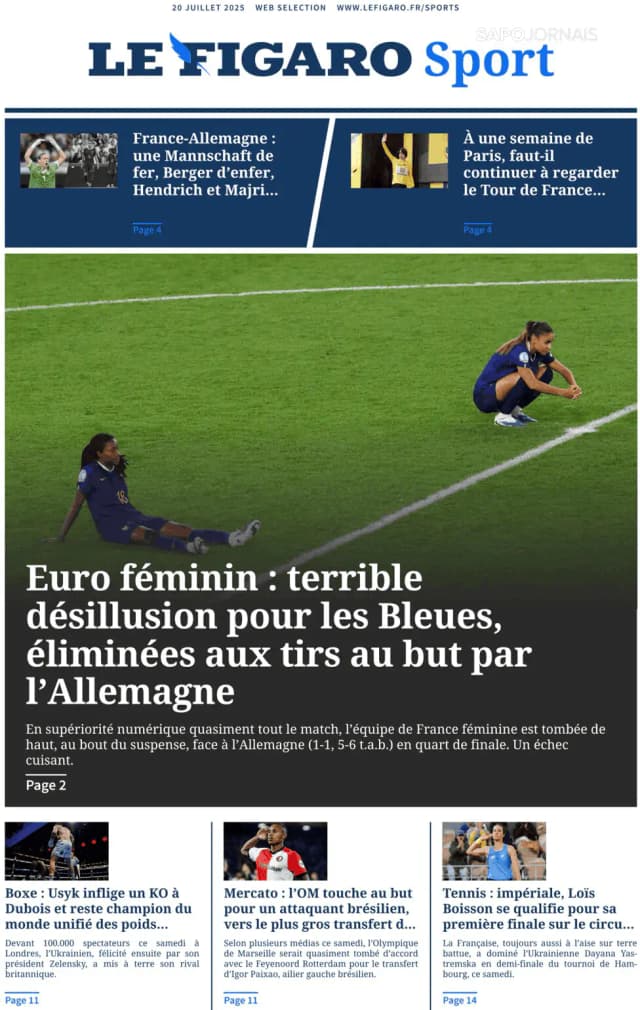 Capa jornal Le Figaro Sport 2025-07-20
