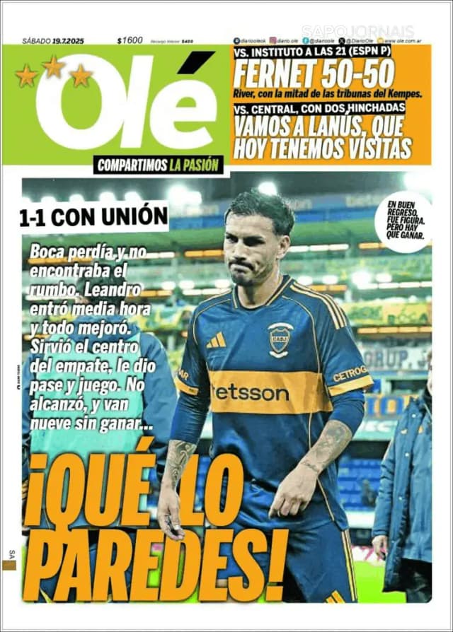 Capa jornal Olé 2025-07-19