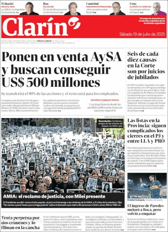 Capa jornal Clarín 2025-07-19