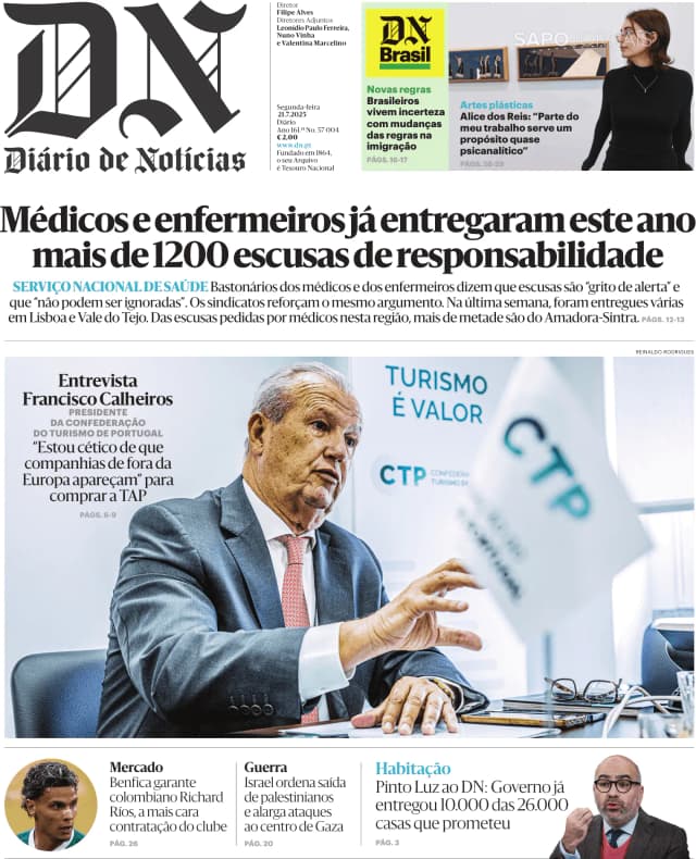 Capa jornal Diário de Notícias 2025-07-21