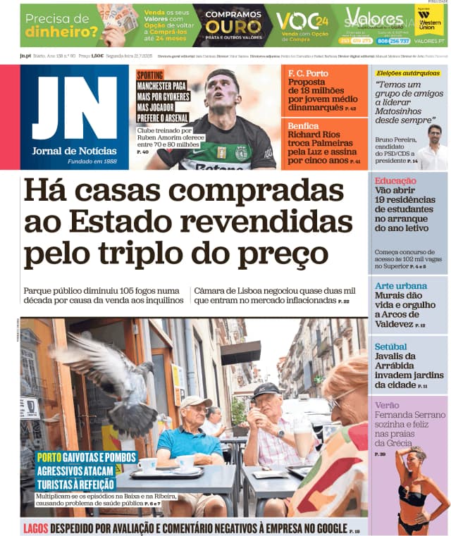 Capa jornal Jornal de Notícias 2025-07-21