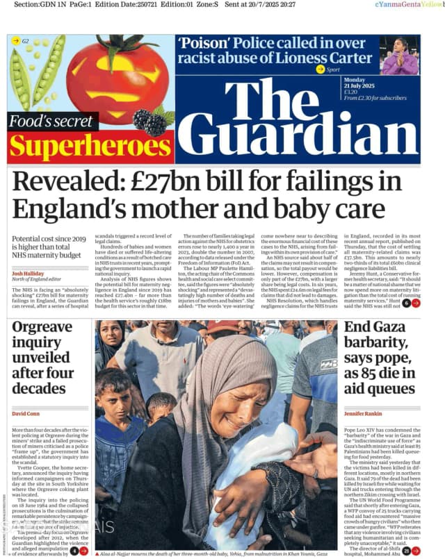 Capa jornal The Guardian 2025-07-21