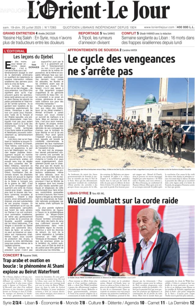 Capa jornal L'orient le jour 2025-07-19