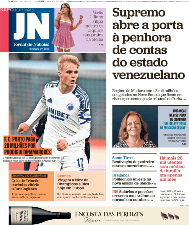Capa jornal Jornal de Notícias 2025-07-22