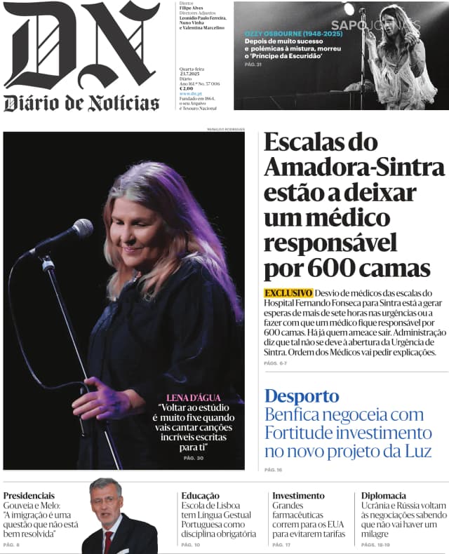 Capa jornal Diário de Notícias 2025-07-23