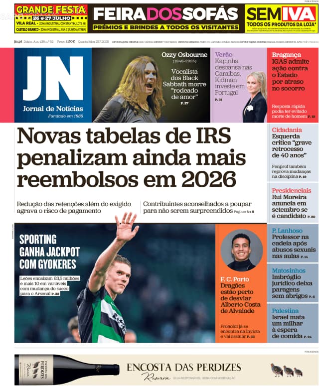 Capa jornal Jornal de Notícias 2025-07-23