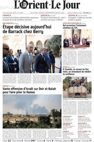 Capa jornal L'orient le jour 2025-07-22