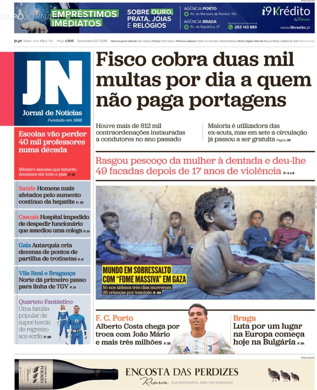 Capa jornal Jornal de Notícias 2025-07-24