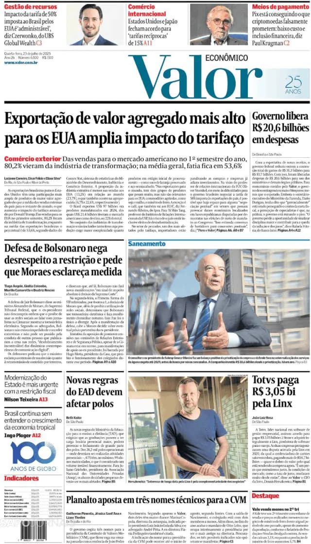 Capa jornal Valor Econômico 2025-07-23