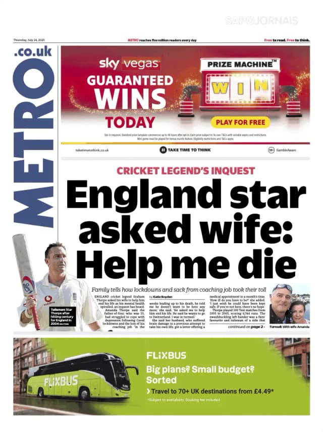 Capa jornal Metro London 2025-07-24
