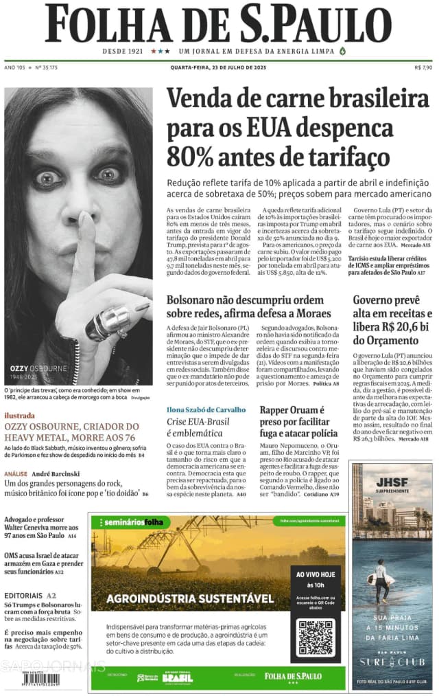 Capa jornal Folha de S. Paulo 2025-07-23