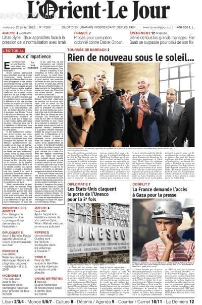 Capa jornal L'orient le jour 2025-07-23