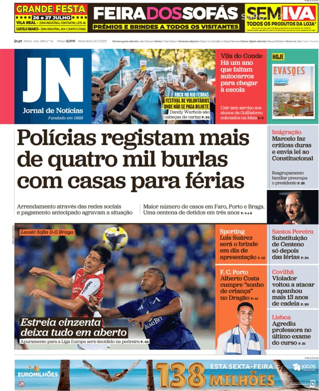 Capa jornal Jornal de Notícias 2025-07-25