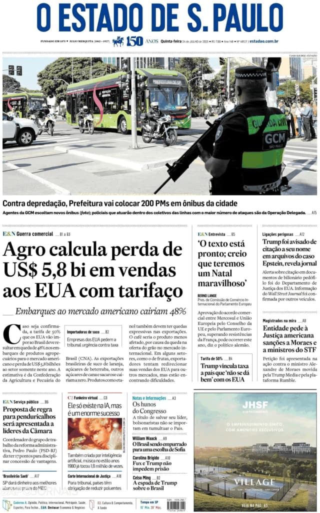Capa jornal O Estado de S. Paulo 2025-07-24