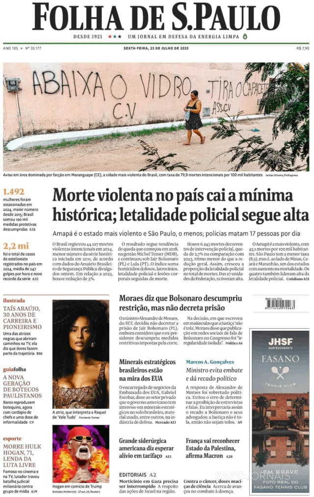 Capa jornal Folha de S. Paulo 2025-07-25