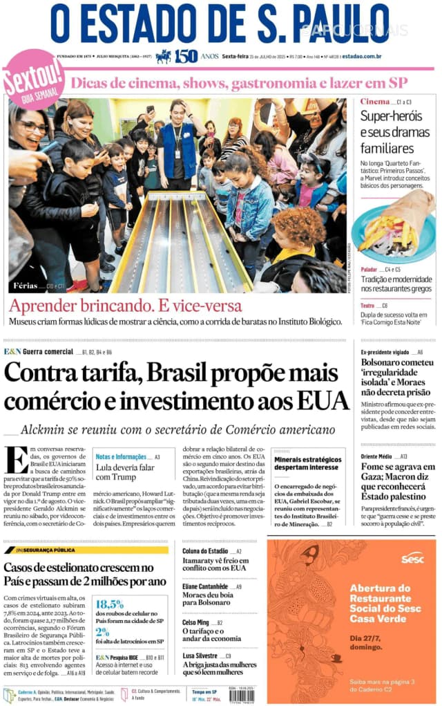Capa jornal O Estado de S. Paulo 2025-07-25