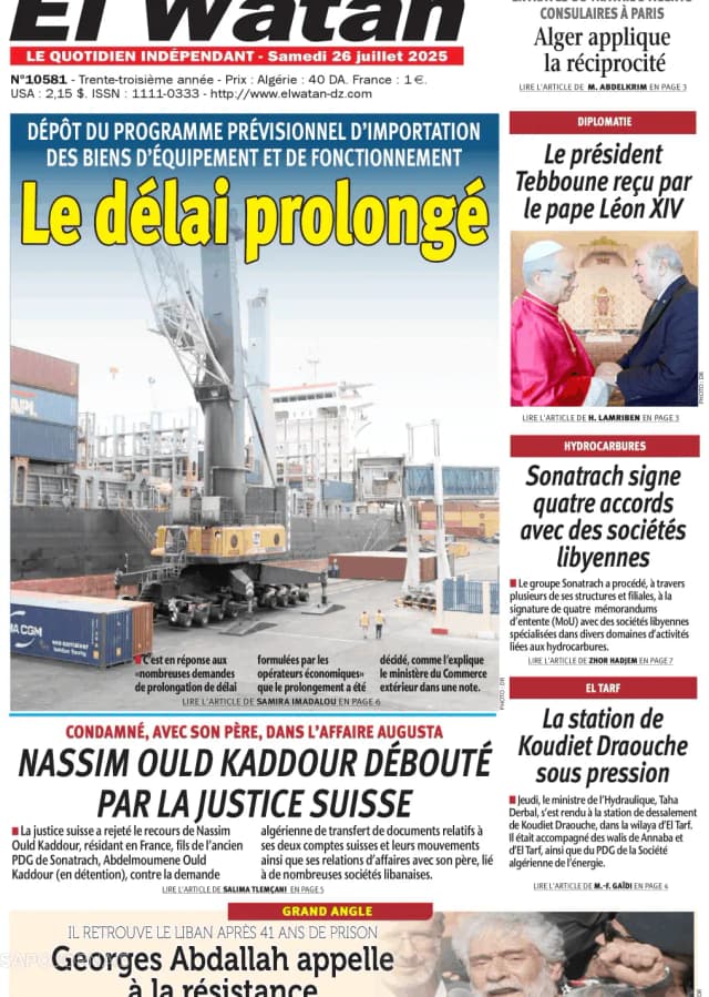 Capa jornal El Watan 2025-07-26