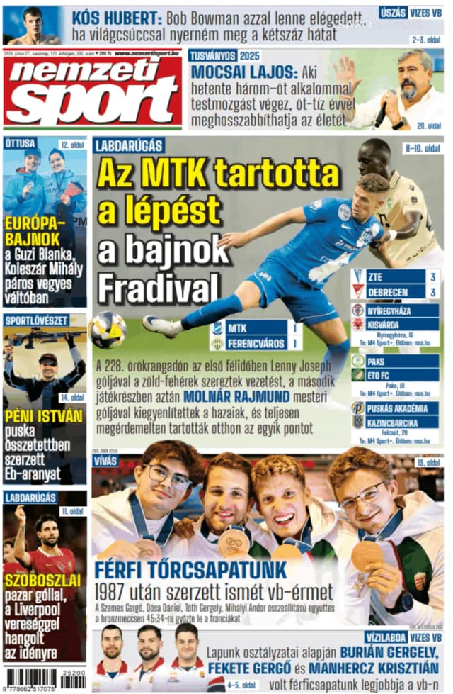 Capa jornal Nemzeti Sport 2025-07-27