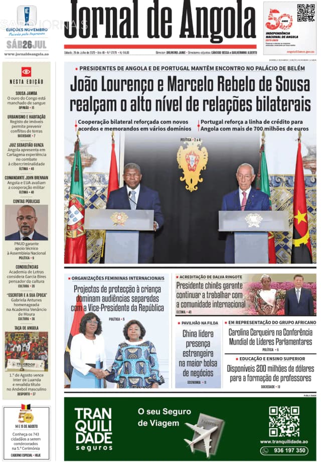 Capa jornal Jornal de Angola 2025-07-26