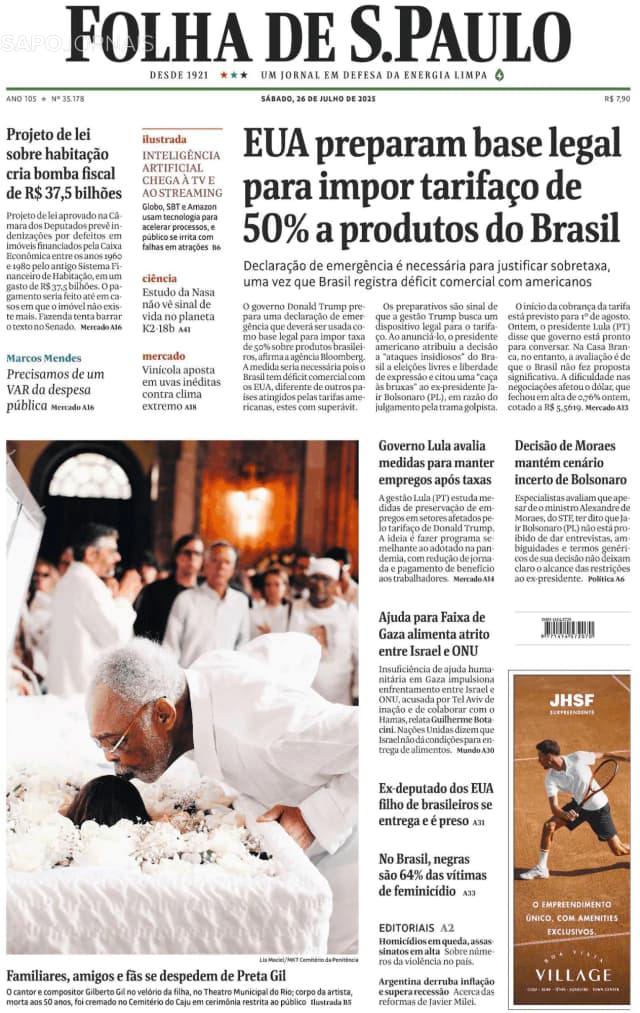 Capa jornal Folha de S. Paulo 2025-07-26