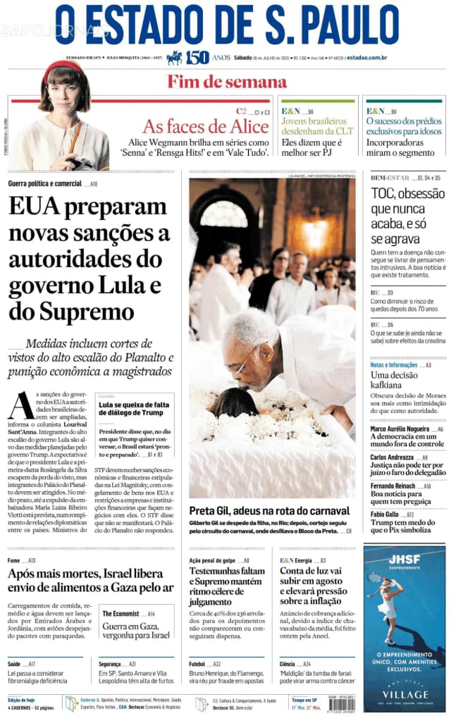 Capa jornal O Estado de S. Paulo 2025-07-26