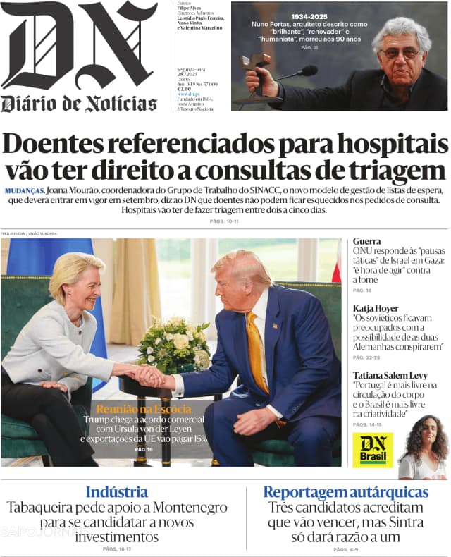 Capa jornal Diário de Notícias 2025-07-28