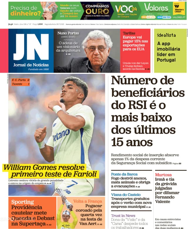 Capa jornal Jornal de Notícias 2025-07-28