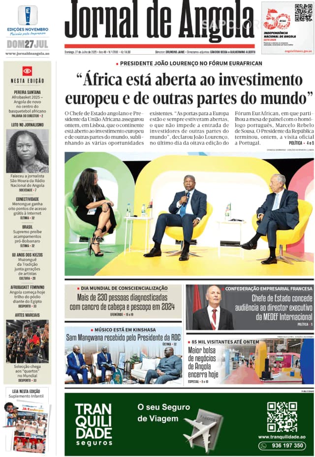 Capa jornal Jornal de Angola 2025-07-27