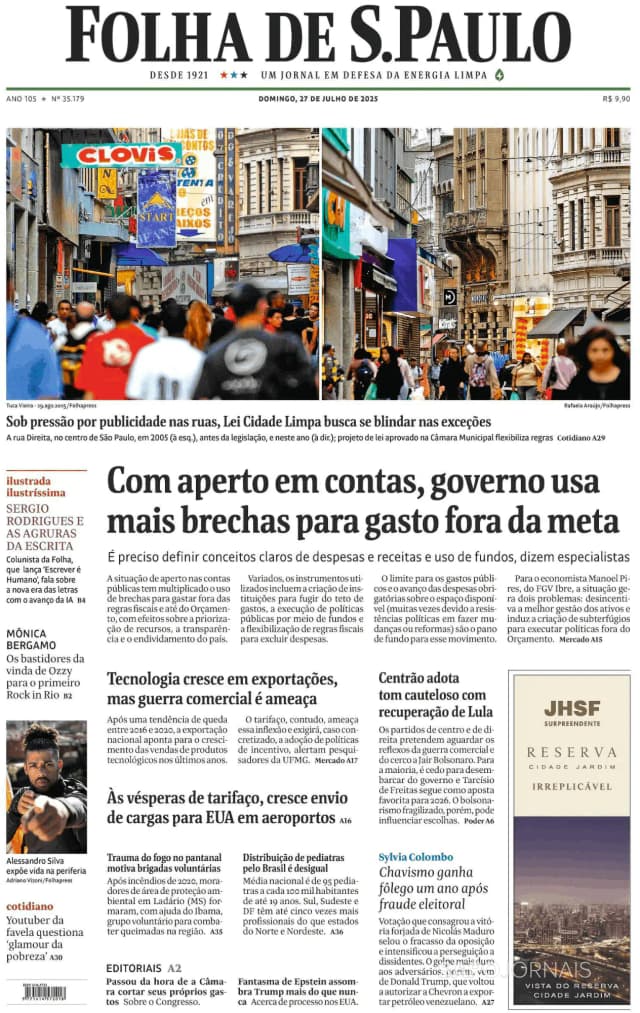Capa jornal Folha de S. Paulo 2025-07-27