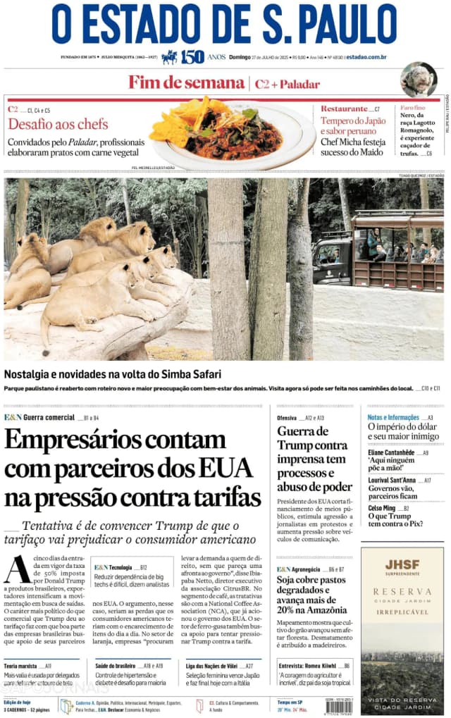 Capa jornal O Estado de S. Paulo 2025-07-27