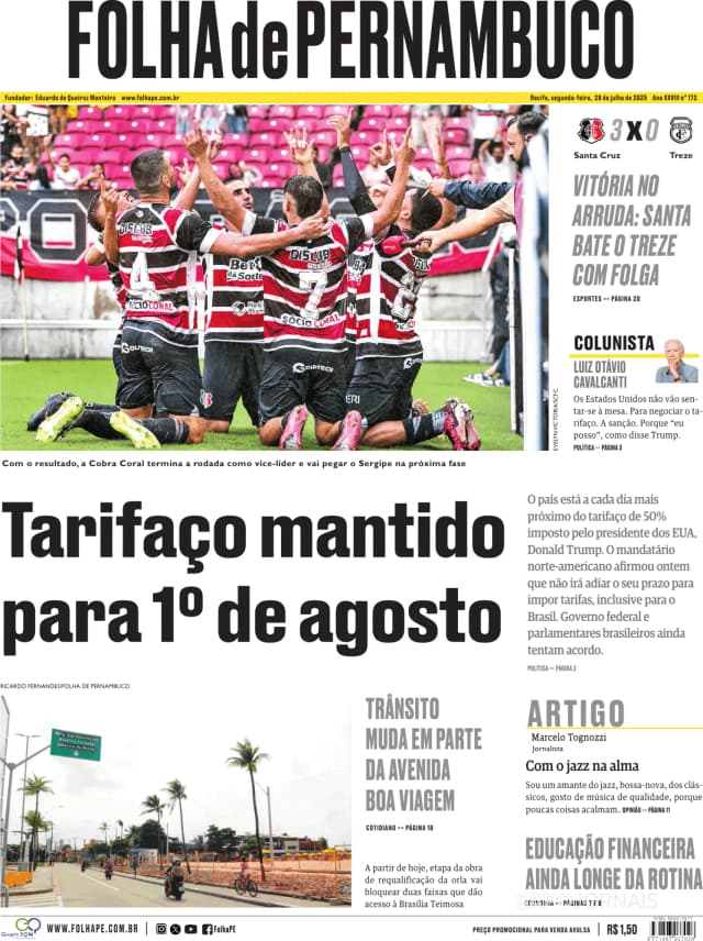 Capa jornal Folha de Pernambuco 2025-07-28